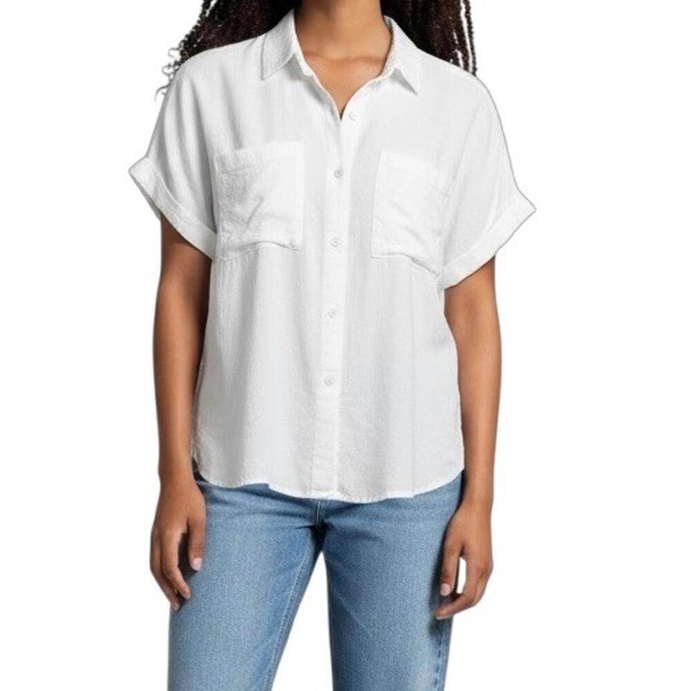 Bella Dahl Women Small White Short Sleeve Tencel Button Down Collared Blouse Top